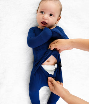 Front Opening Romper in Ribbed Into the Blue