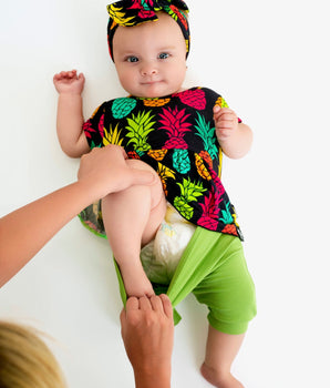 Switch-A-Roo™ Reversible Opening Twirl Romper in Pineapple of my Eye & Ribbed Mantis