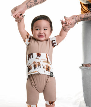 Front Opening Shortie Ready Set Romper® in Highland Dreams & Ribbed Sandstone