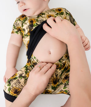 Change-A-Roo™ Front Opening Shortie Romper in OG Argentina Sunflower & Ribbed Essential Midnight