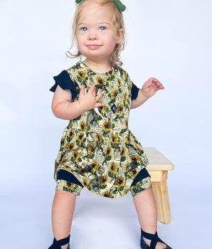 Switch-A-Roo™ Reversible Opening Twirl Romper in OG Argentina Sunflower & Ribbed Essential Midnight