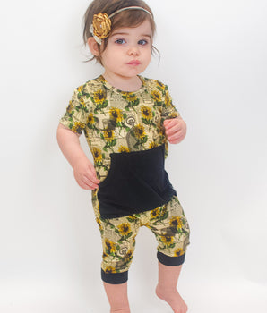 Change-A-Roo™ Front Opening Shortie Romper in OG Argentina Sunflower & Ribbed Essential Midnight