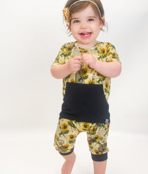 Change-A-Roo™ Front Opening Shortie Romper in OG Argentina Sunflower & Ribbed Essential Midnight