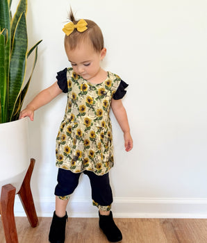 Switch-A-Roo™ Reversible Opening Twirl Romper in OG Argentina Sunflower & Ribbed Essential Midnight