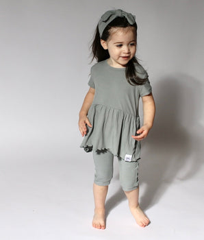 Change-A-Roo™ Front Opening Twirl Shortie Romper in Eucalyptus Grey - white logo
